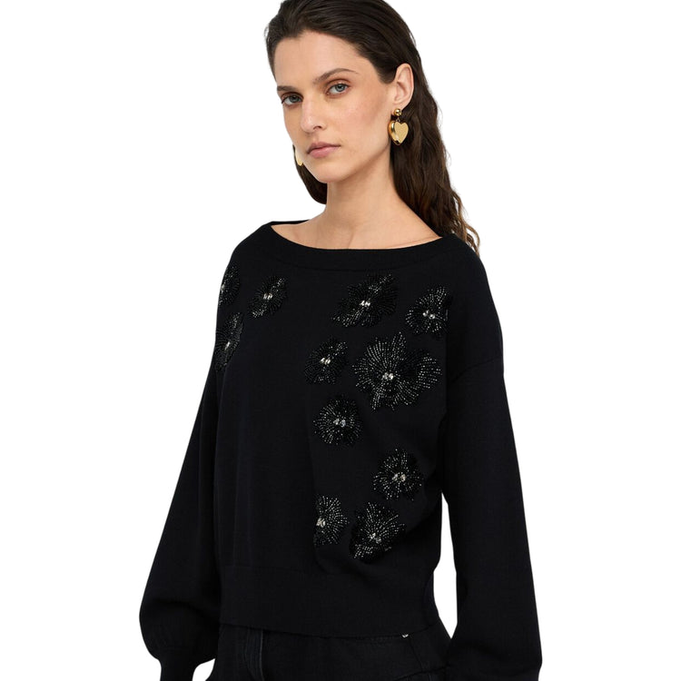 Maglia Donna con fiori e strass Nero modella frontale ravvicinata