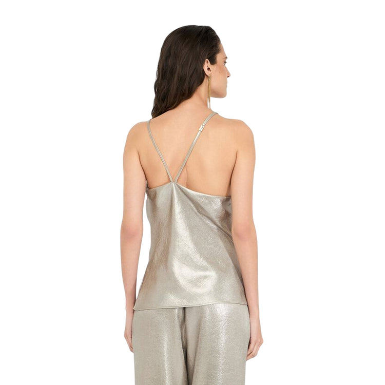 Top Donna in crepe laminato oro modella retro