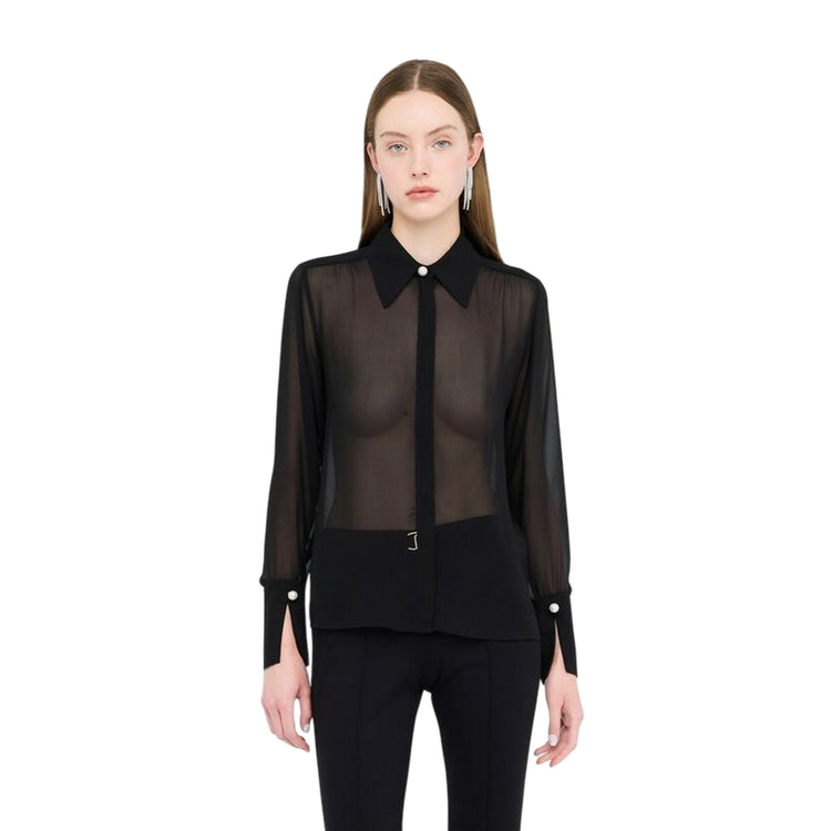 Camicia Donna in georgette nero con dettagli perle modella frontale