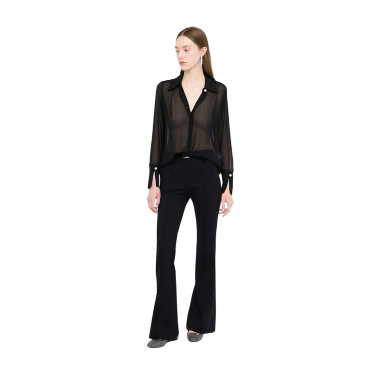 Camicia Donna in georgette nero con dettagli perle modella intera frontale