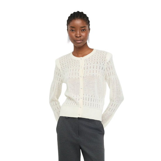 Cardigan Donna con lavorazione punto pizzo Bianco modella frontale