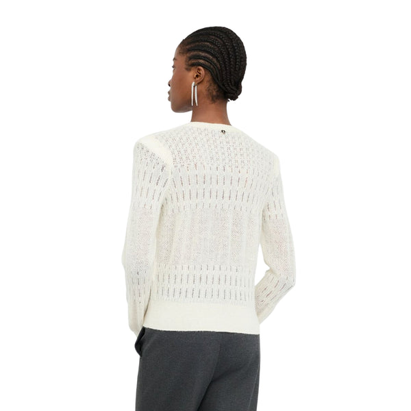 Cardigan Donna con lavorazione punto pizzo Bianco modella retro