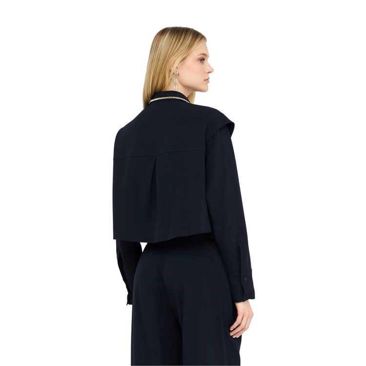 Camicia Donna con colletto con strass in colore blu scuro modella retro