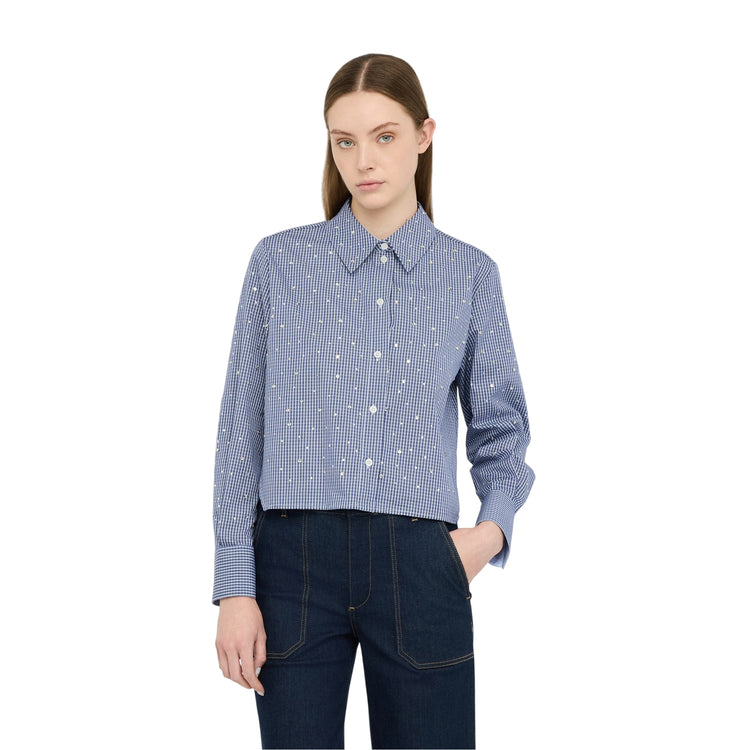 Camicia Donna in popeline con strass Blu modella frontale