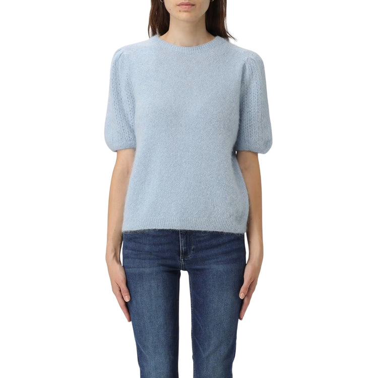 Maglione Donna con maniche corte a palloncino Azzurro modella frontale