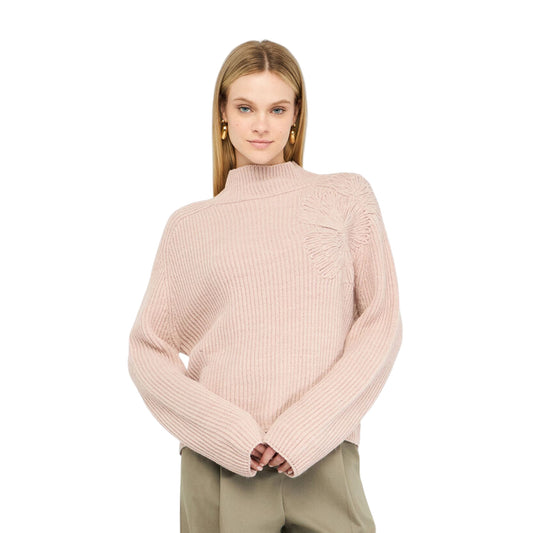 Maglione Donna in misto lana a coste Rosa modella frontale