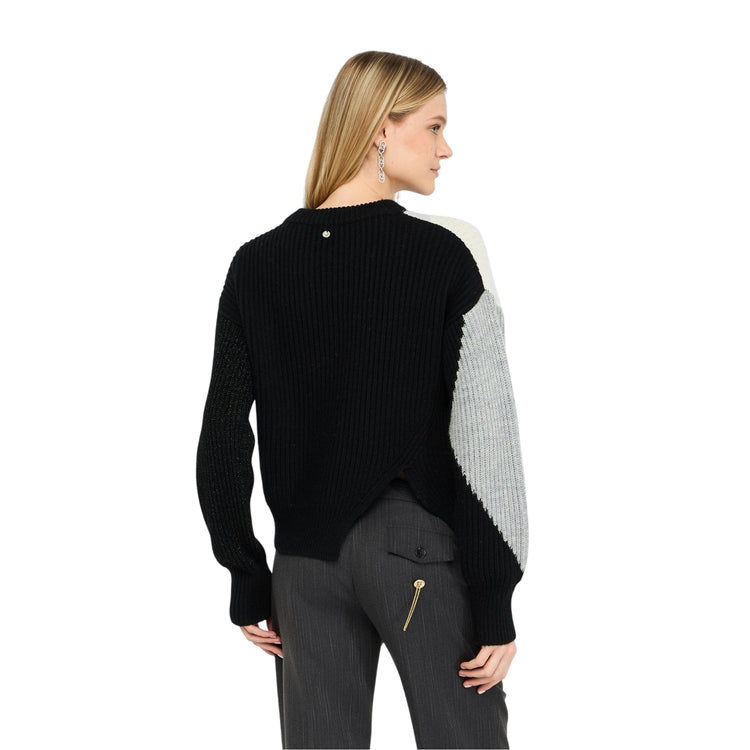 Maglione Donna in lana con intarsi nero/grigio/bianco modella retro