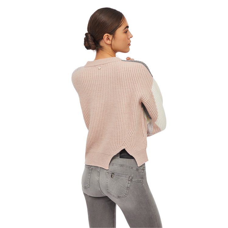Maglione Donna in lana con intarsi rosa/grigio/bianco modella retro