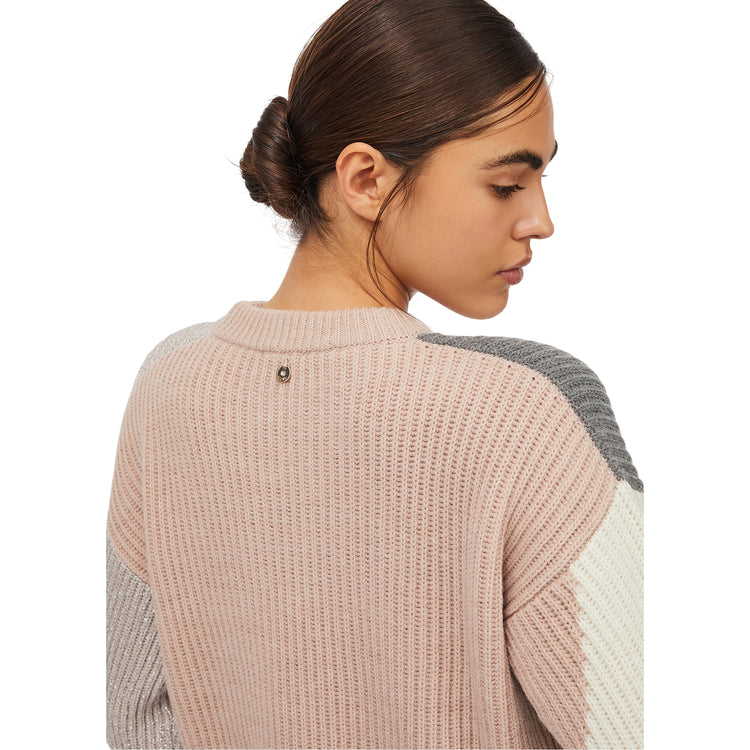Maglione Donna in lana con intarsi rosa/grigio/bianco dettaglio retro