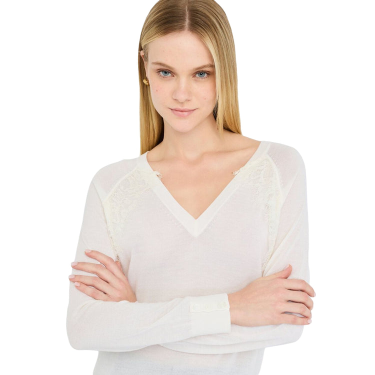 Maglia Donna in lana con pizzo Bianco modella frontale ravvicinata