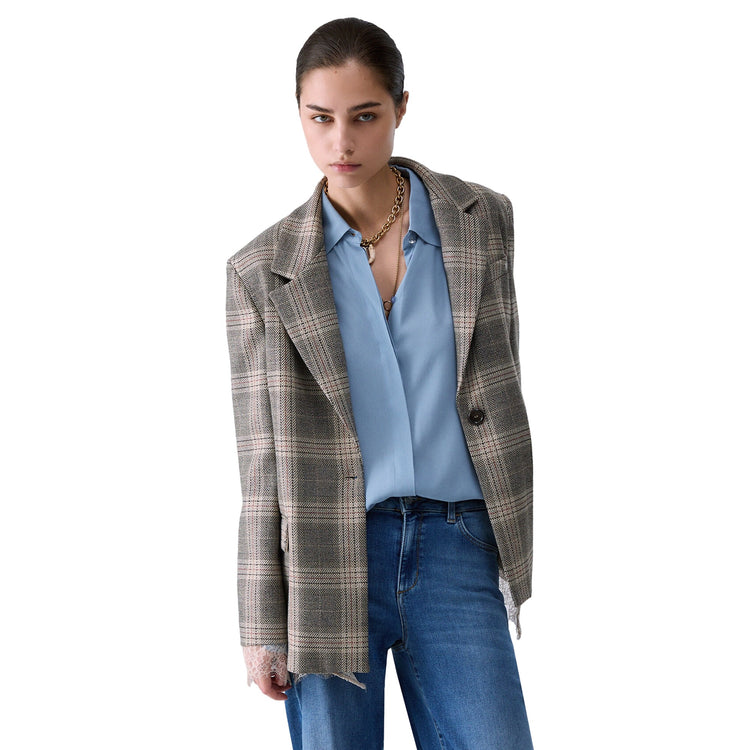 Blazer Donna motivo check con pizzo modella frontale