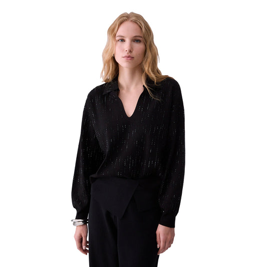 Maglia Donna con colletto e strass Nero, modella frontale