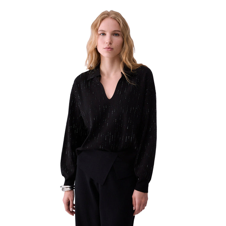 Maglia Donna con colletto e strass Nero, modella frontale