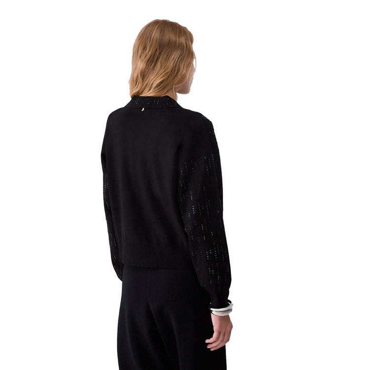 Maglia Donna con colletto e strass Nero, modella retro