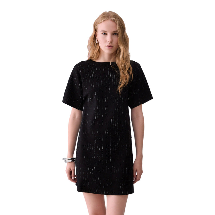 Abito corto Donna con strass Nero, modella frontale