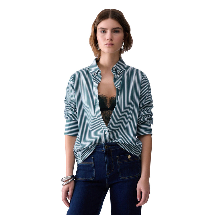 Camicia classica Donna design a righe Verde modella frontale