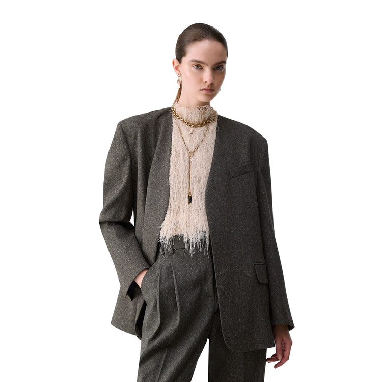 Giacca Donna in tweed con cintura grigio modella frontale