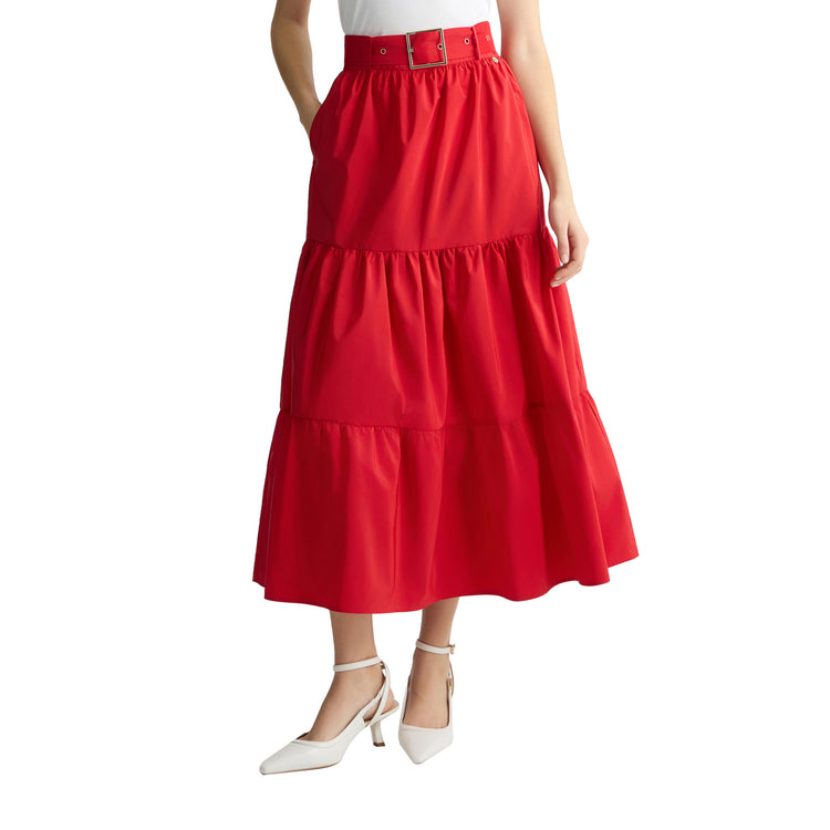 Gonna lunga a balze Rossa modella frontale