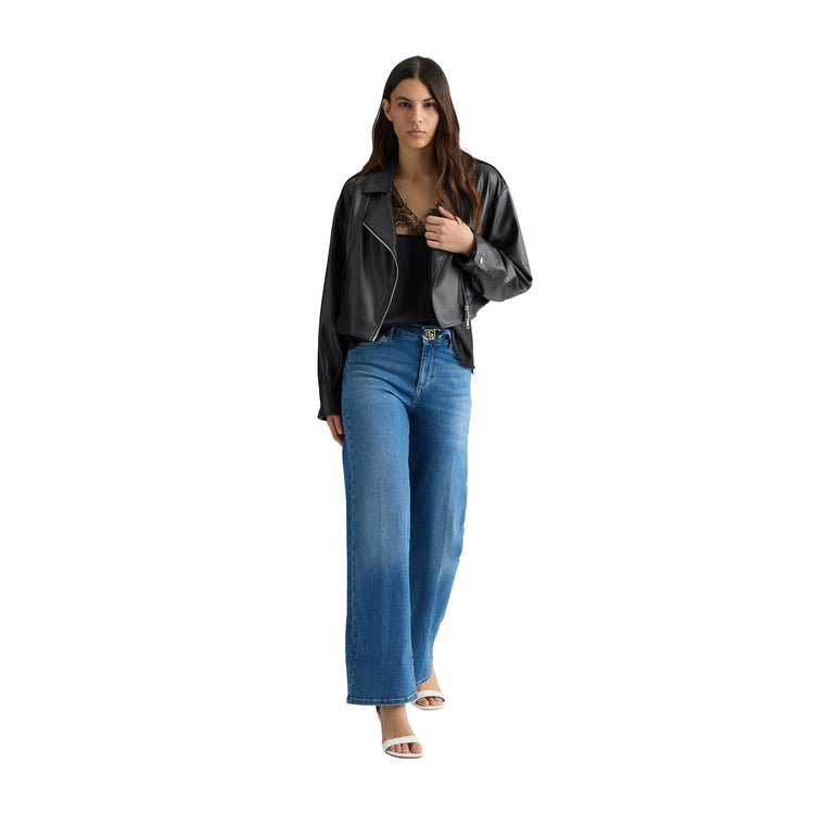 Giacca Donna cropped modello biker modella intera frontale