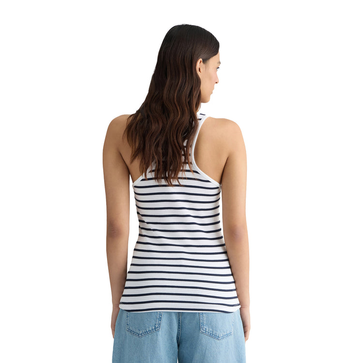 Top Donna con fantasia a righe Bianco/Blu modella retro