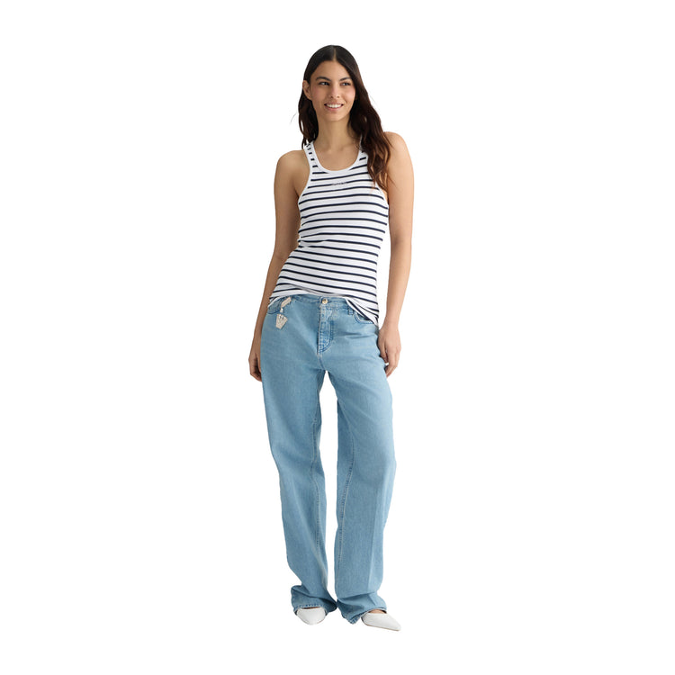 Top Donna con fantasia a righe Bianco/Blu modella intera frontale