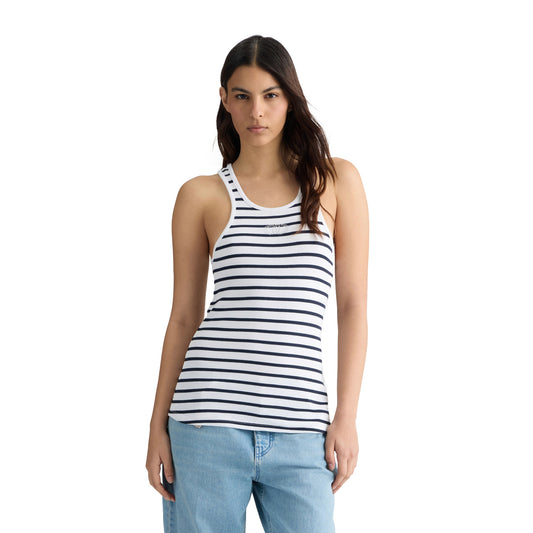 Top Donna con fantasia a righe Bianco/Blu modella frontale