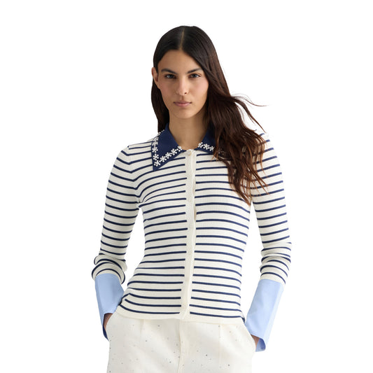 Maglia Donna a righe con colletto e bottoni modella frontale