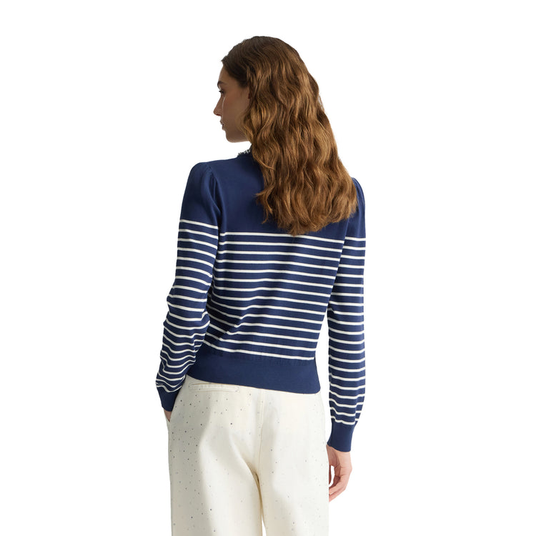 Maglia Donna a righe con colletto Blu modella retro