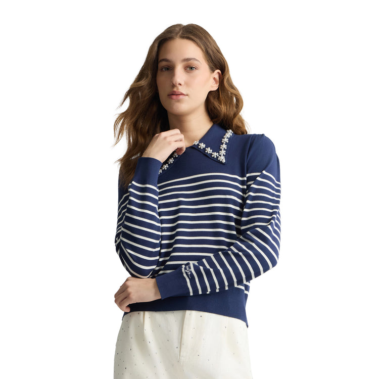 Maglia Donna a righe con colletto Blu modella frontale