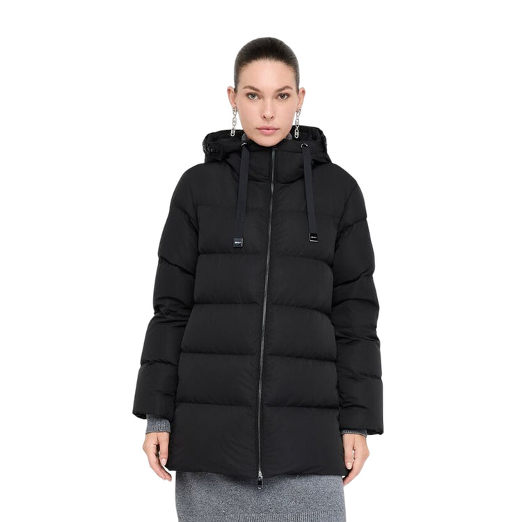 Piumino Donna trapuntato con gioielli sul cappuccio modella frontale