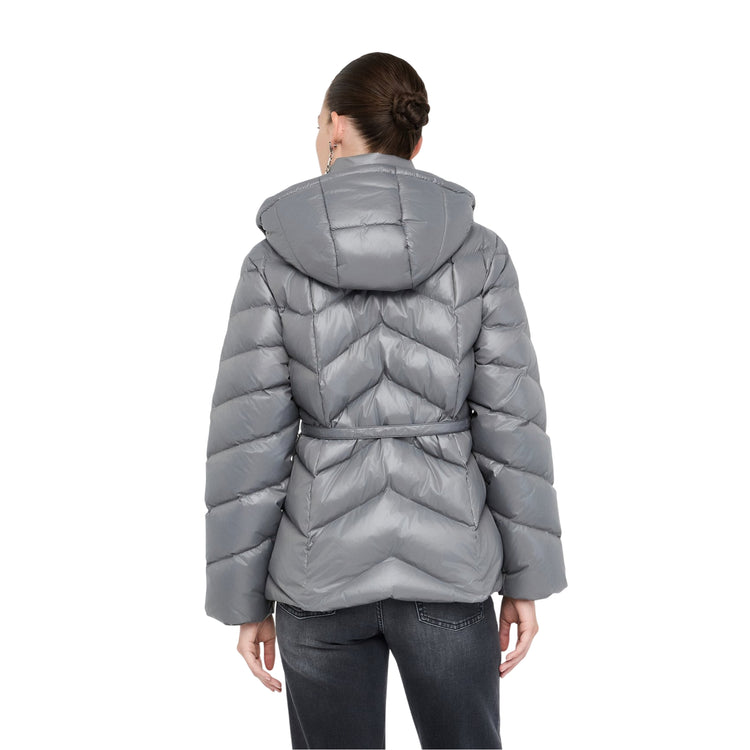 Piumino Donna trapuntato con cappuccio Grigio modella retro