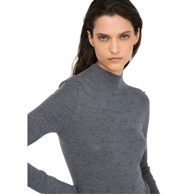 Maglia Donna con perle applicate Grigio modella frontale ravvicinata