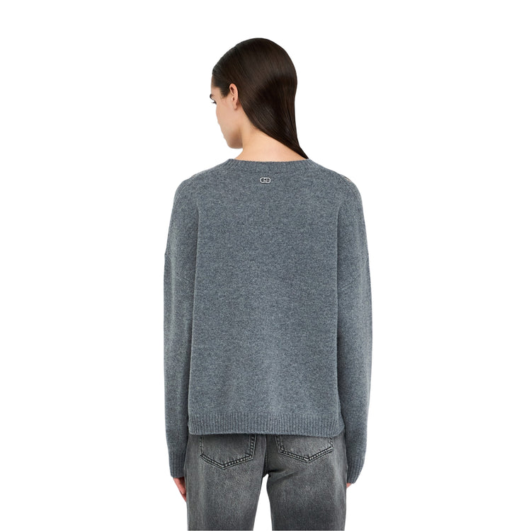 Maglia Donna in lana grigia con motivo cut-out modella retro