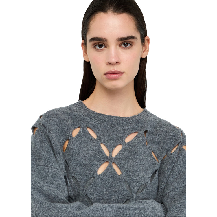 Maglia Donna in lana grigia con motivo cut-out modella frontale ravvicinata