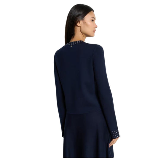 Giacca Donna in maglia con strass applicati Blu modella retro