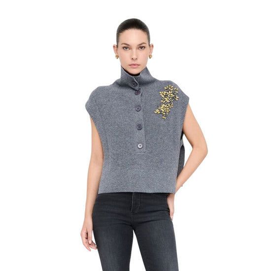 Maglia Donna senza maniche con gioiello Grigio modella frontale