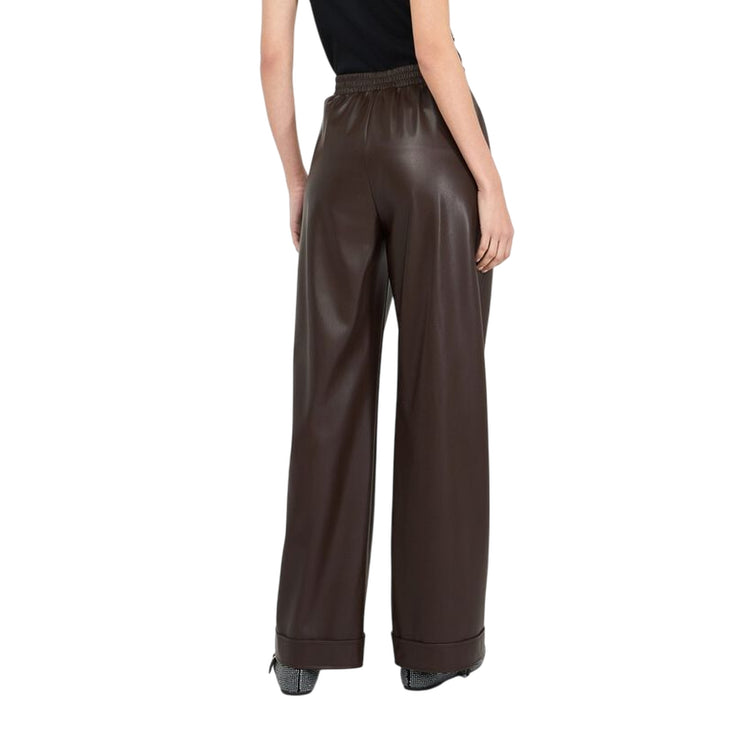 Pantaloni Donna in tessuto spalmato marrone modella retro