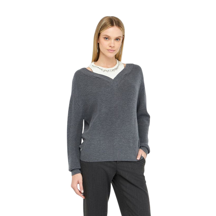 Maglione Donna grigio con ricami gioiello modella frontale
