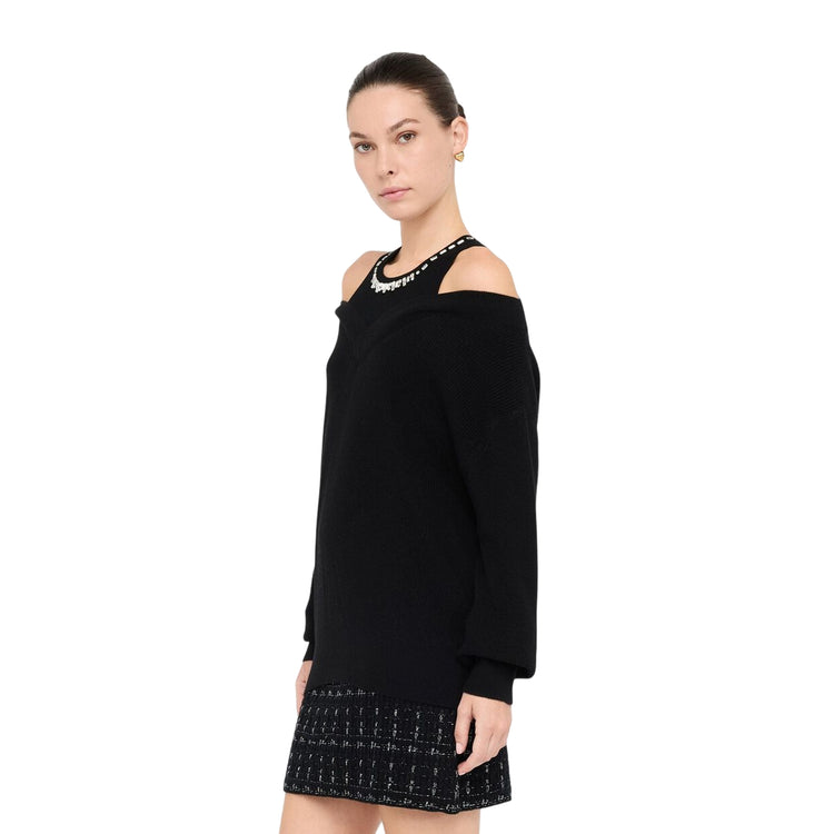 Maglione Donna nero con ricami gioiello modella laterale