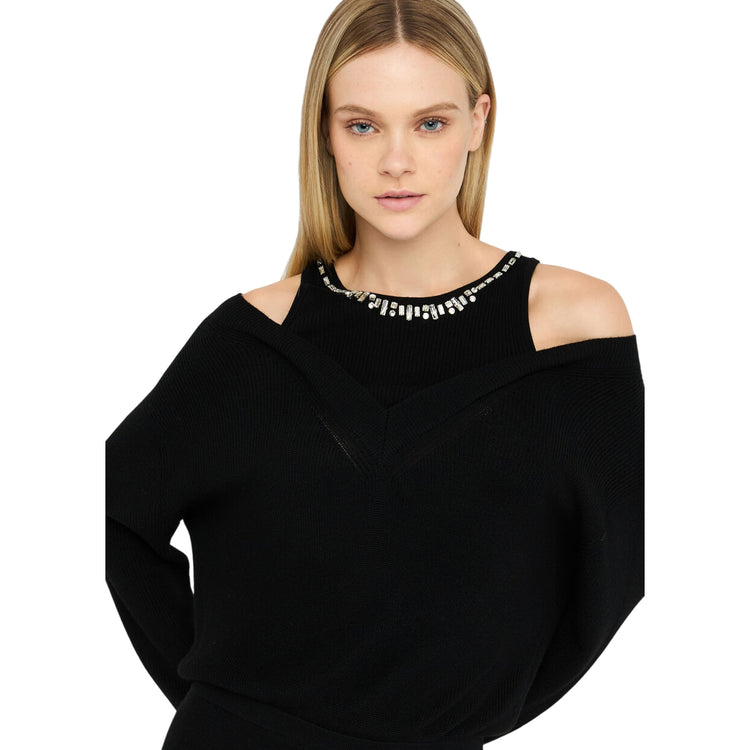 Abito Donna in maglia con ricami gioiello Nero modella frontale ravvicinata