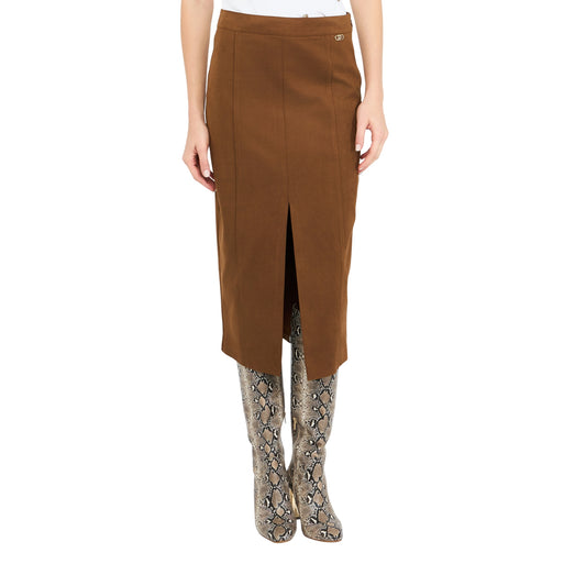 Gonna Donna midi con spacchetto marrone modella frontale