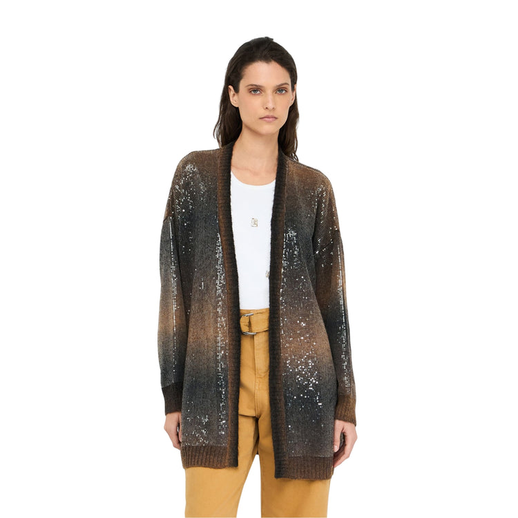 Cardigan lungo Donna con paillettes modella frontale