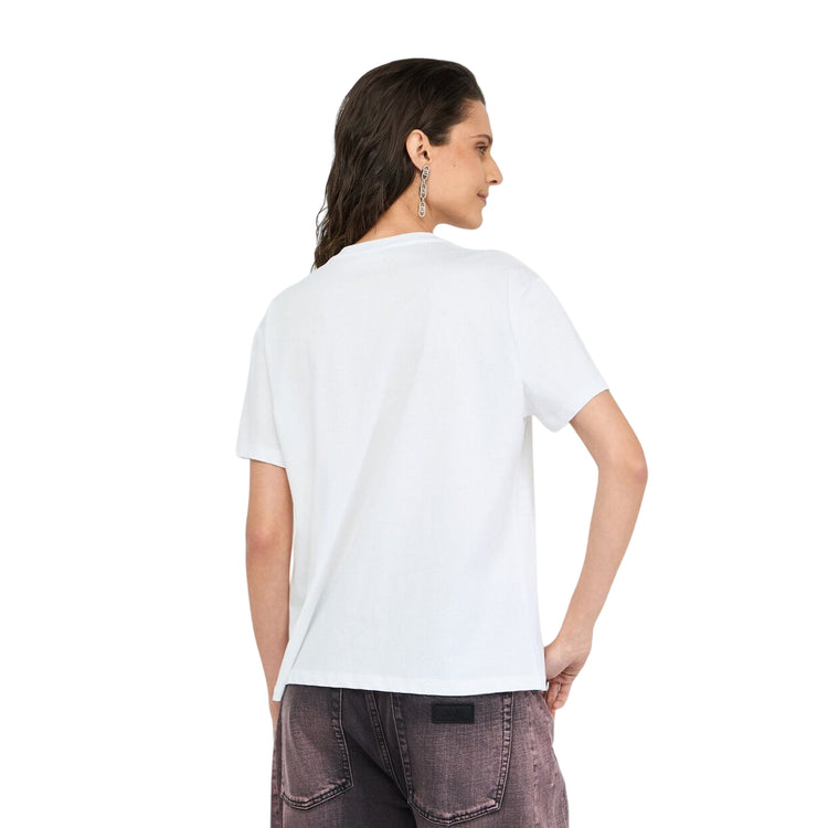 T-shirt Donna Bianca con paillettes grande applicate modella retro