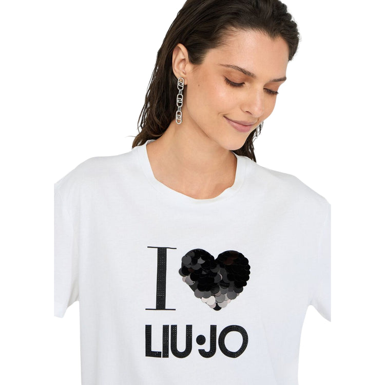 T-shirt Donna Bianca con paillettes grande applicate modella frontale ravvicinata
