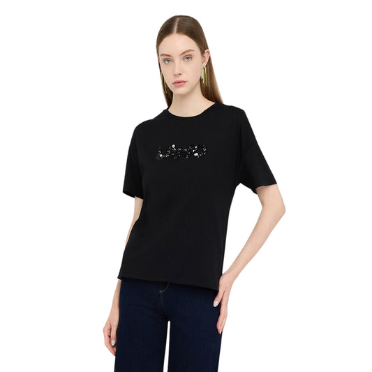 T-shirt Donna in nero con logo con strass e paillettes modella frontale