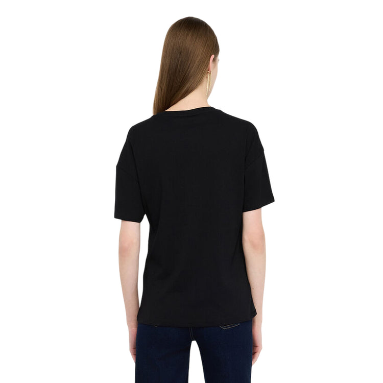 T-shirt Donna in nero con logo con strass e paillettes modella retro