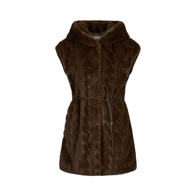 Gilet Donna in pelliccia marrone con cappuccio