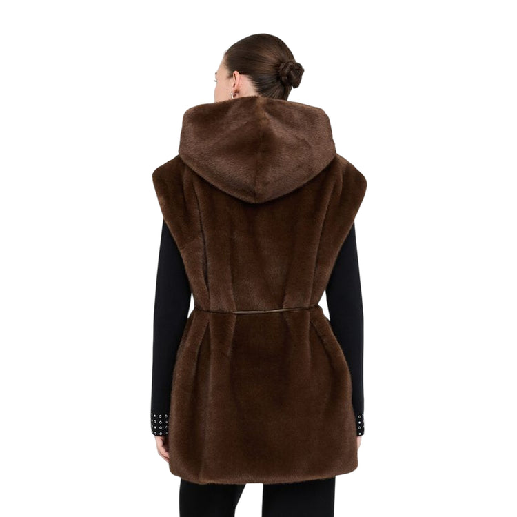 Gilet Donna in pelliccia marrone con cappuccio modella retro