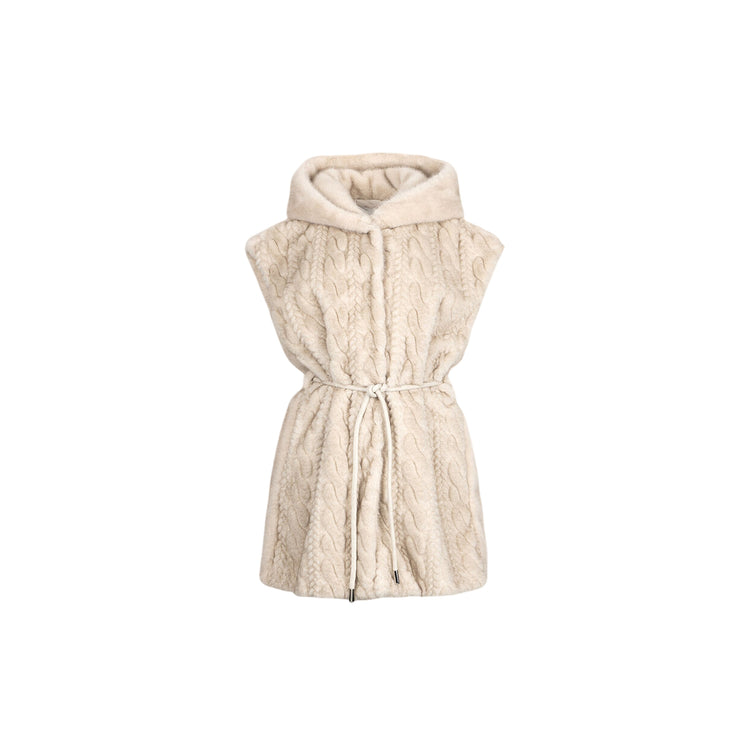 Gilet Donna in pelliccia beige con cappuccio
