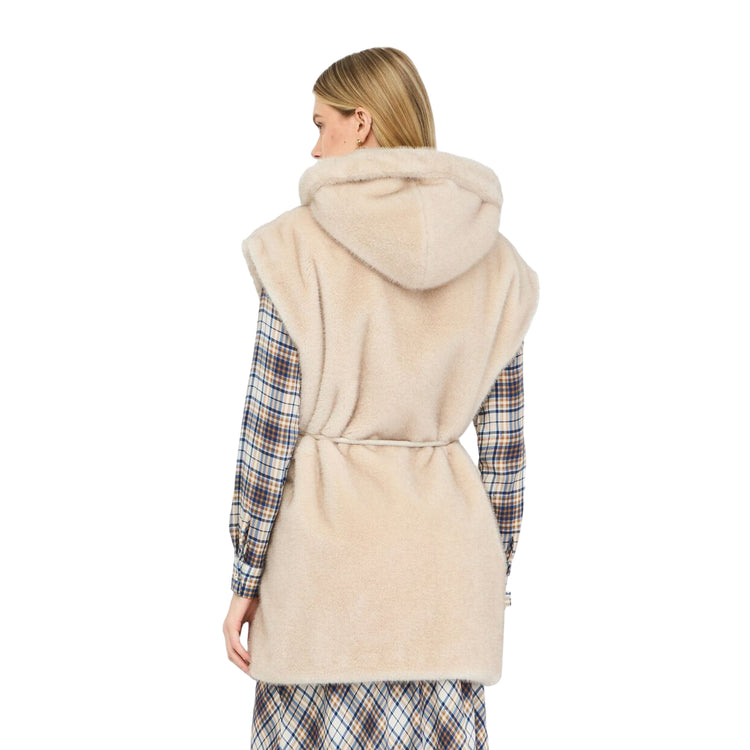 Gilet Donna in pelliccia beige con cappuccio modella retro